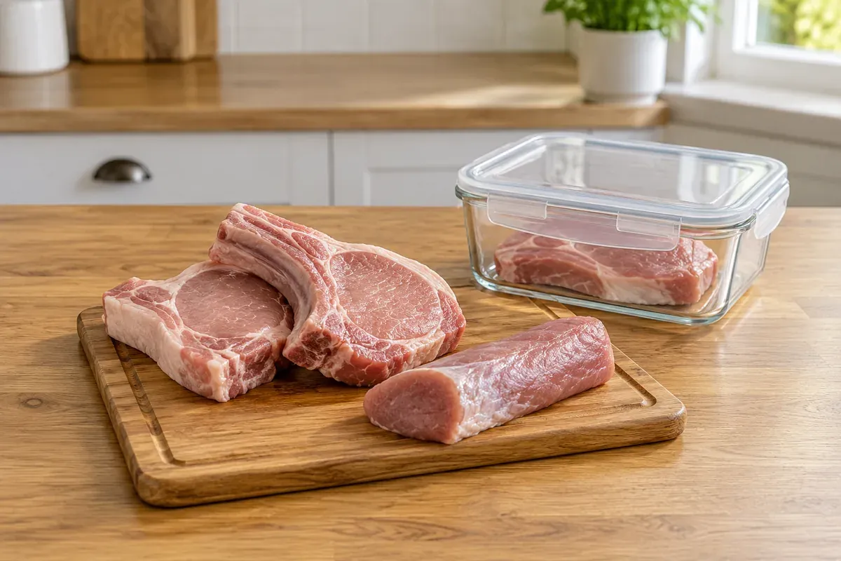 Raw bone-in pork chops and a pork tenderloin on a board by a sealed container
