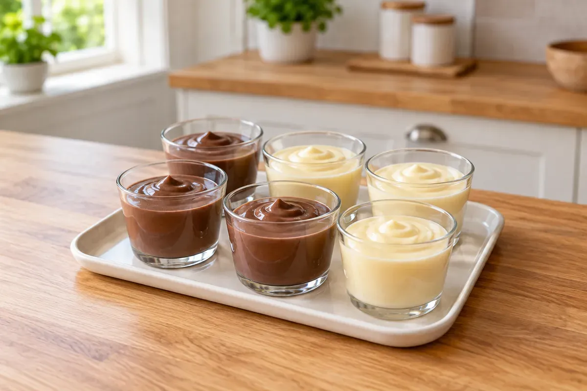 Glass cups of chocolate and vanilla pudding on a tray
