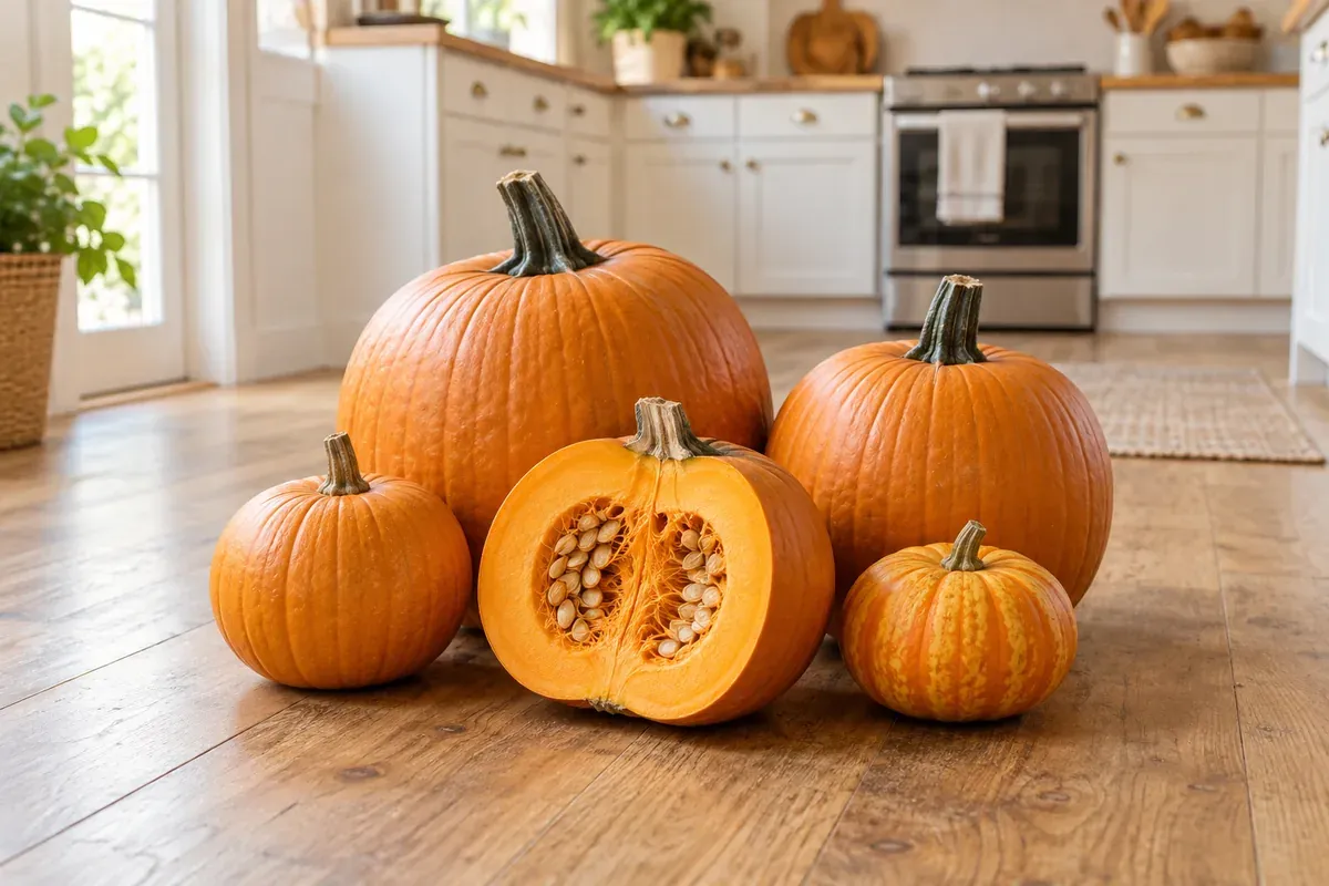 Whole pumpkins of different sizes on a wooden floor, one cut open
