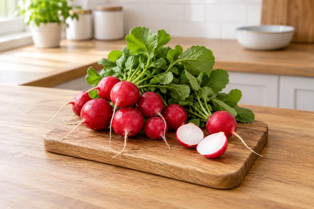 A bunch of radishes with leaves on a board, a few cut in half