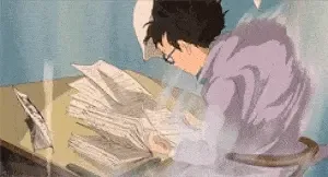 Animated clip of a man in glasses writing at a desk as papers blow around him