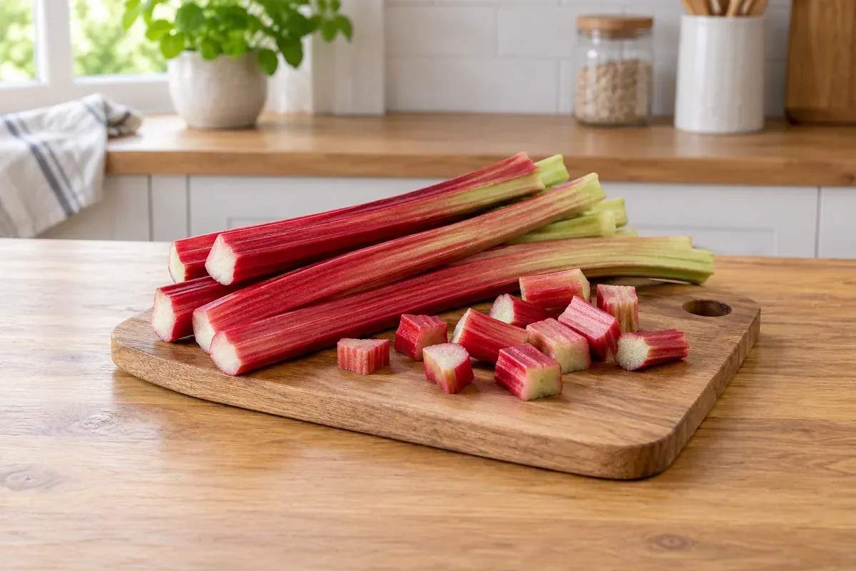 Rhubarb stalks on a board, a few cut into pieces