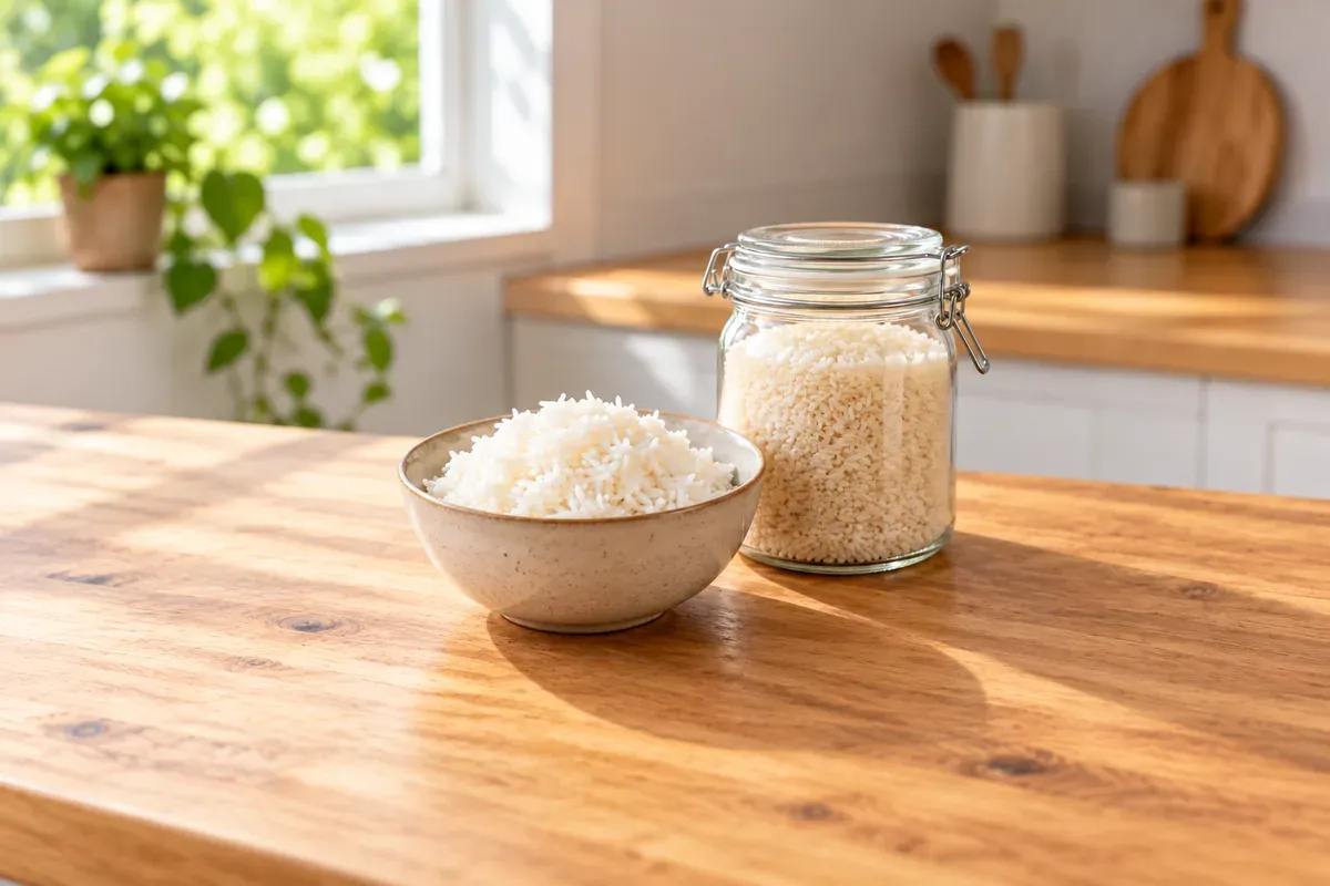 Bowl of cooked white rice next to a glass jar of dry rice