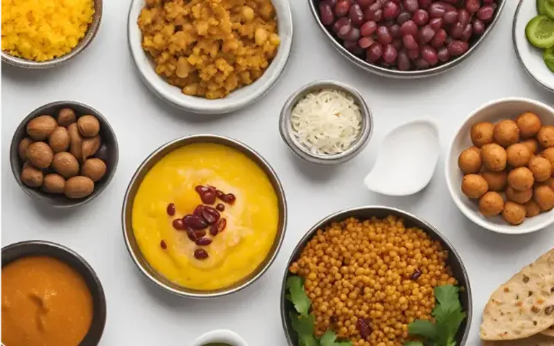 Overhead shot of small bowls of dishes for the Indian breakfast meal plan