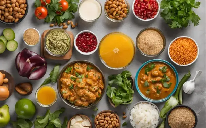 Small bowls of ingredients and dishes for the muscle-gain Indian meal plan