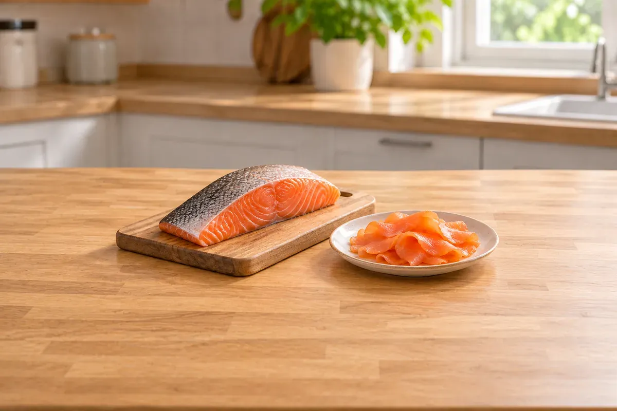 Raw salmon fillet on a wooden board beside a plate of sliced smoked salmon