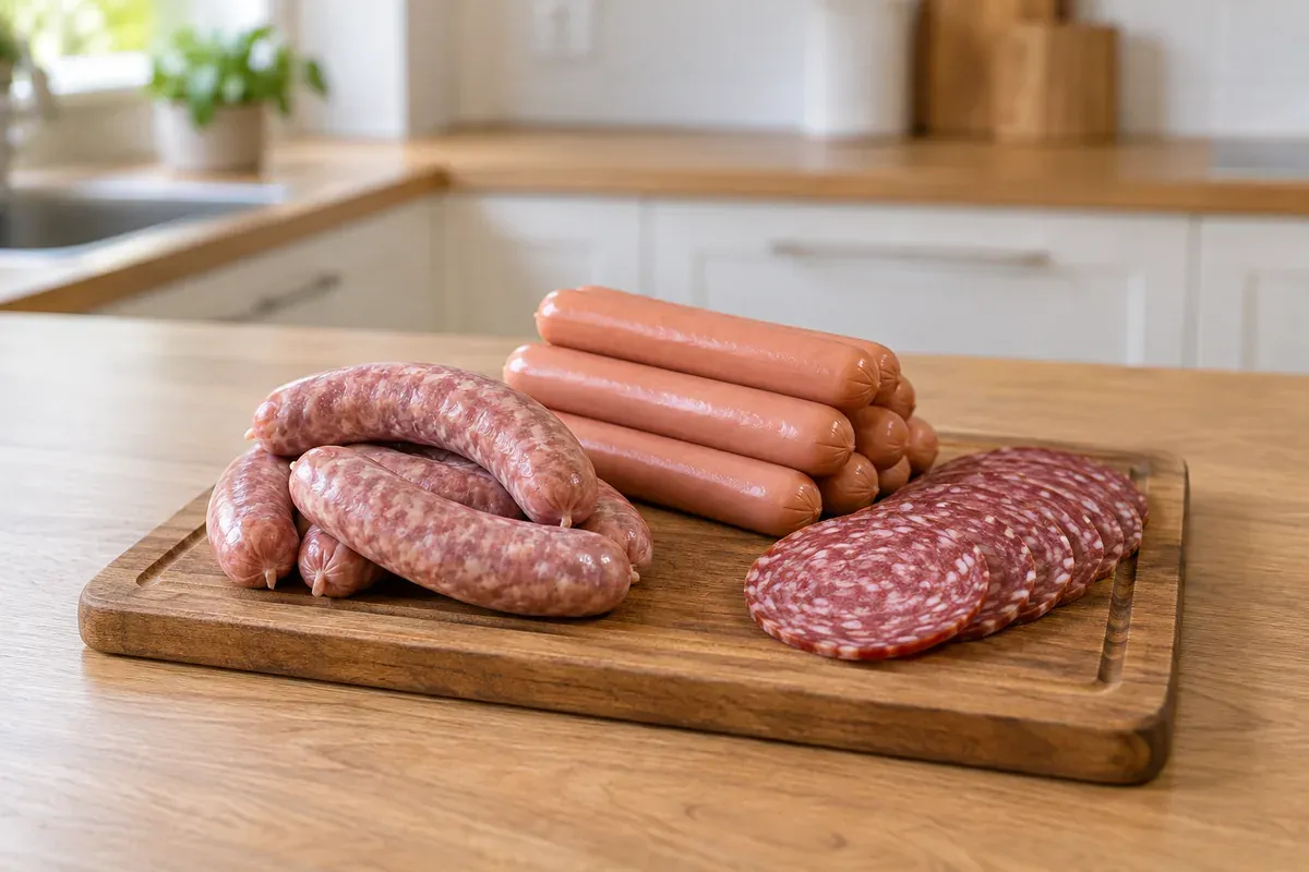 Raw sausages, hot dogs, and sliced salami on a wooden board