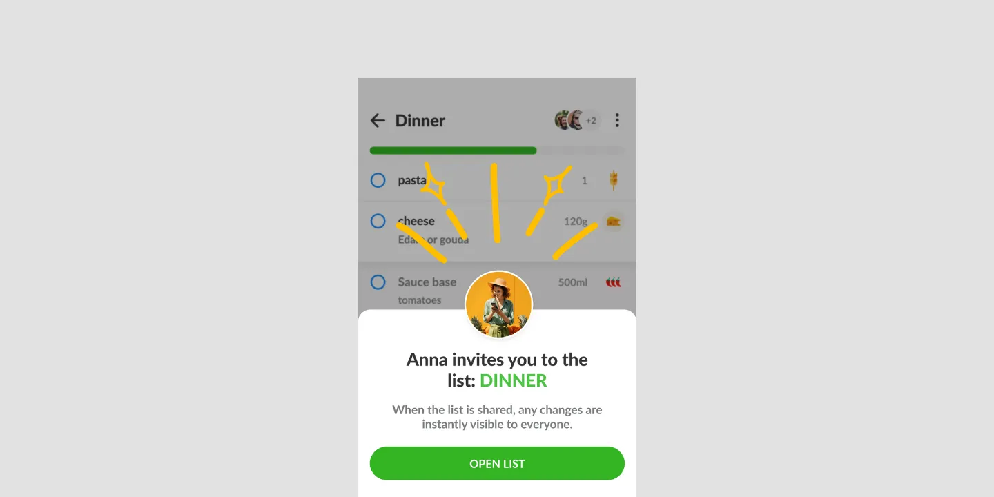 A Listonic list called Dinner with Anna's invitation to open the shared list