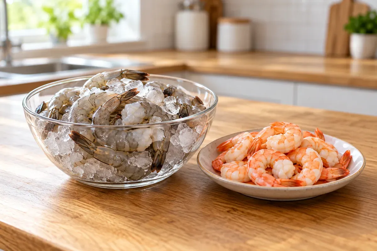 Raw shrimp on ice in a glass bowl beside a plate of cooked shrimp