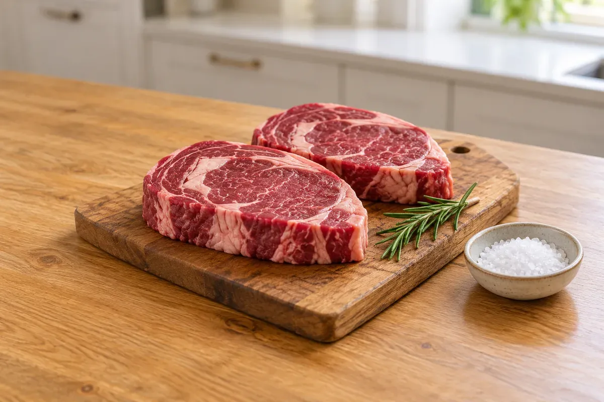 Two raw beef steaks with rosemary on a board beside a dish of coarse salt