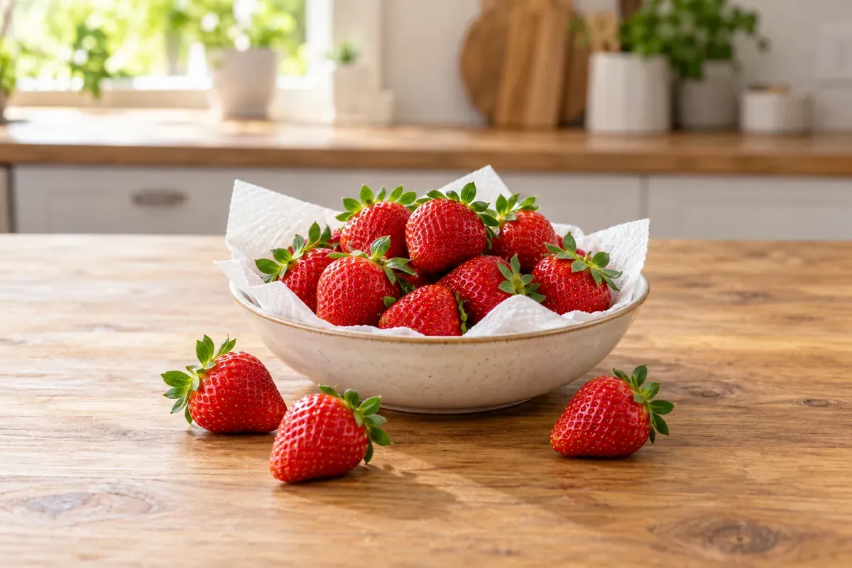 Fresh strawberries in a bowl lined with a paper towel on a wooden counter