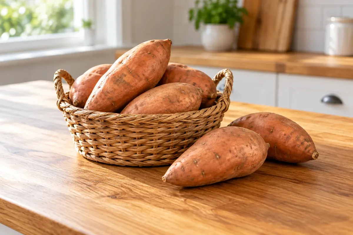 Raw sweet potatoes in a wicker basket and on a wooden counter