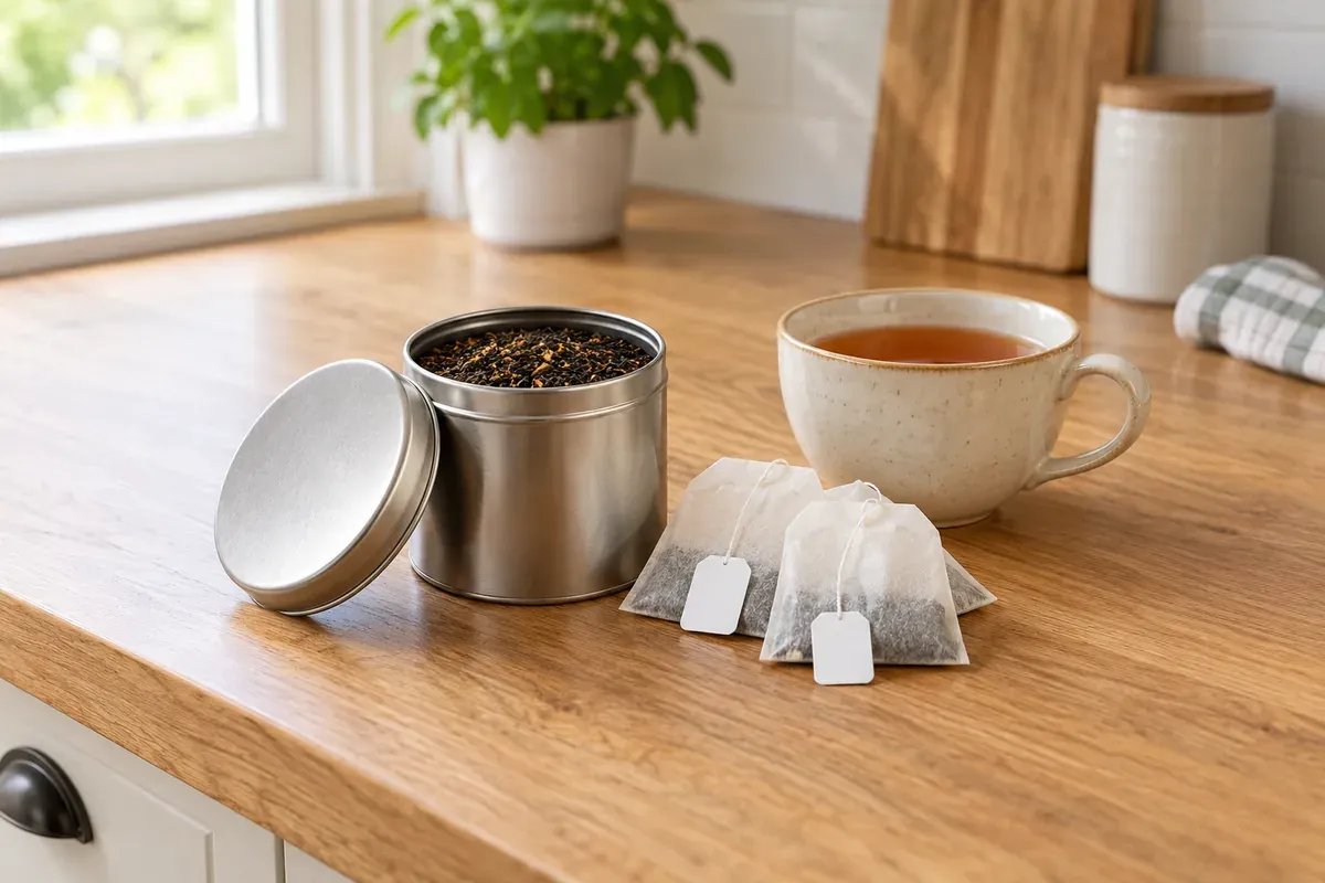 A tin of loose tea beside tea bags and a cup of tea