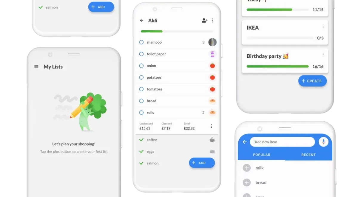 Four screens of the redesigned app, including an Aldi list with a running total