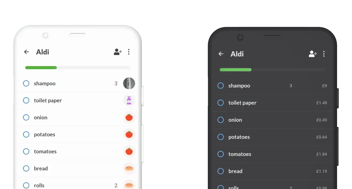 The same Aldi shopping list side by side in the light theme and the dark theme