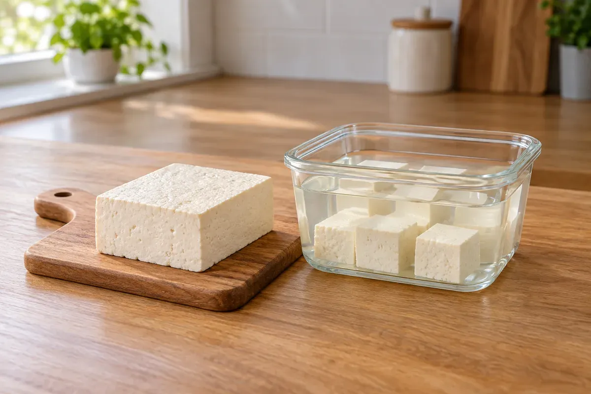 A block of tofu on a board beside cubed tofu in a glass container of water