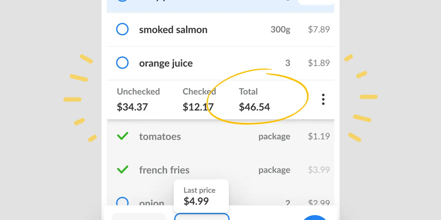 A Listonic list with the cost row circled and a last-price hint under an item