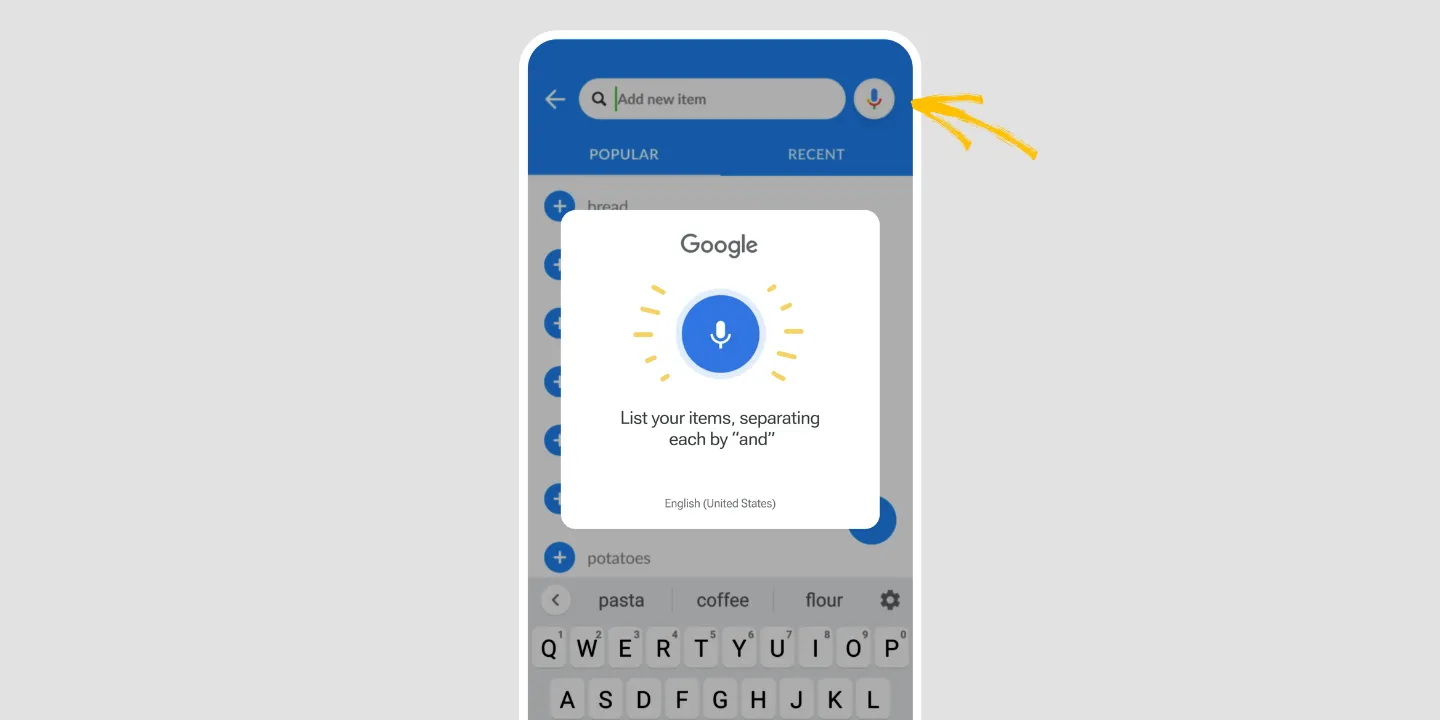 Listonic add-item screen with Google voice input open
