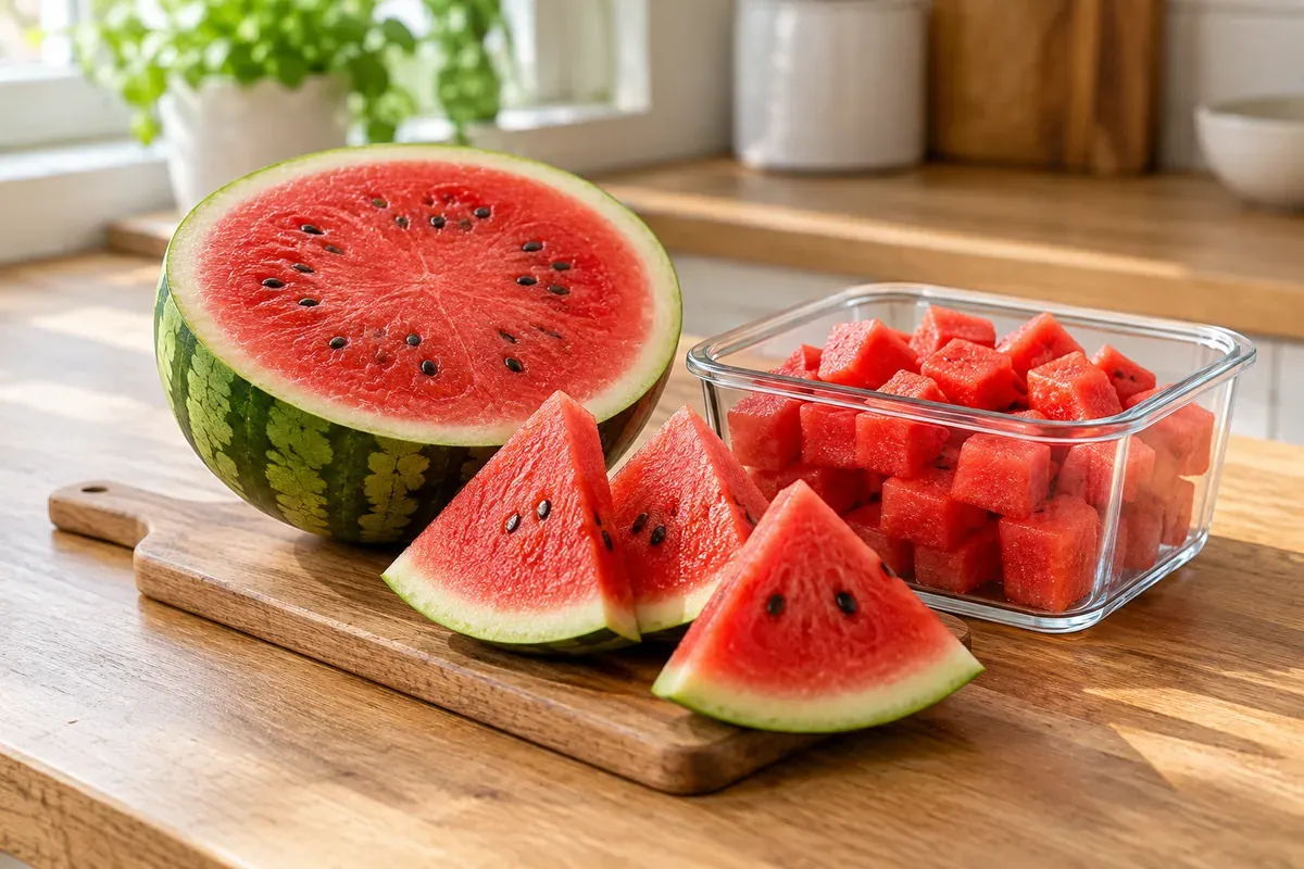 Half a watermelon, triangle slices, and a container of watermelon cubes