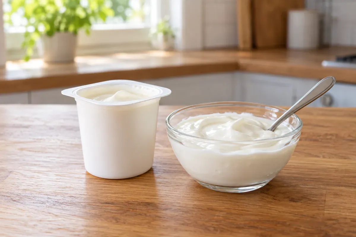 A cup of plain yogurt beside a glass bowl of yogurt with a spoon