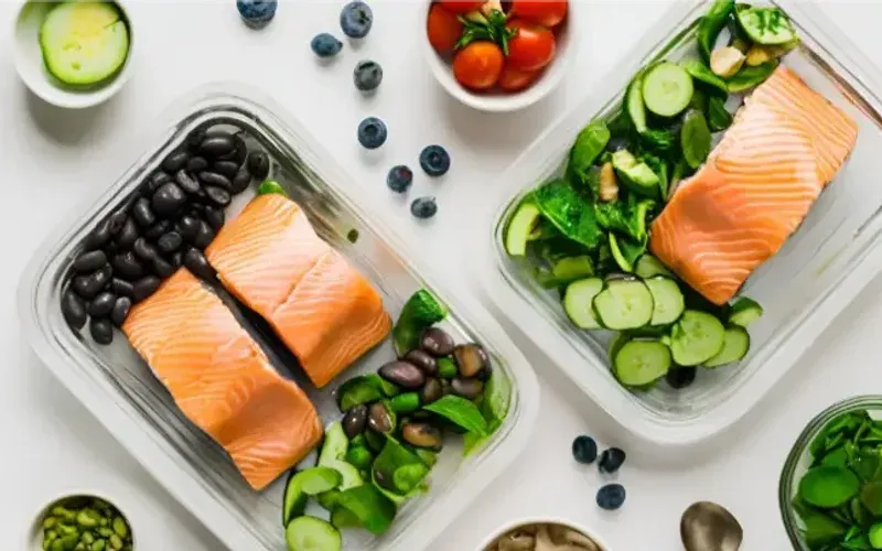 Overhead shot of small bowls of dishes for the 30-day high-protein meal plan