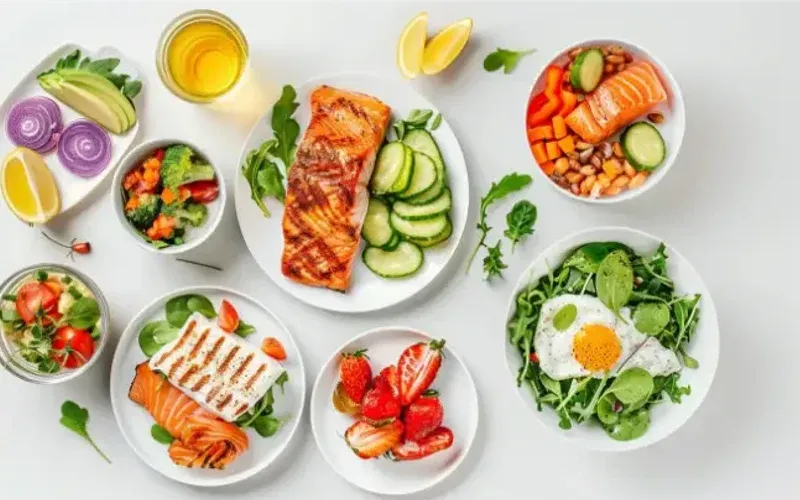 Overhead shot of small bowls of dishes for the 30-day weight-loss meal plan